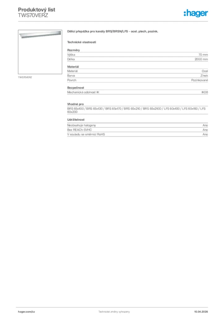 Obrázek Hager Product data sheet TWS70VERZ | Hager