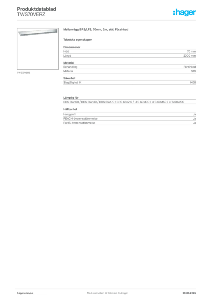Bild Hager Produktdatablad TWS70VERZ | Hager Sverige