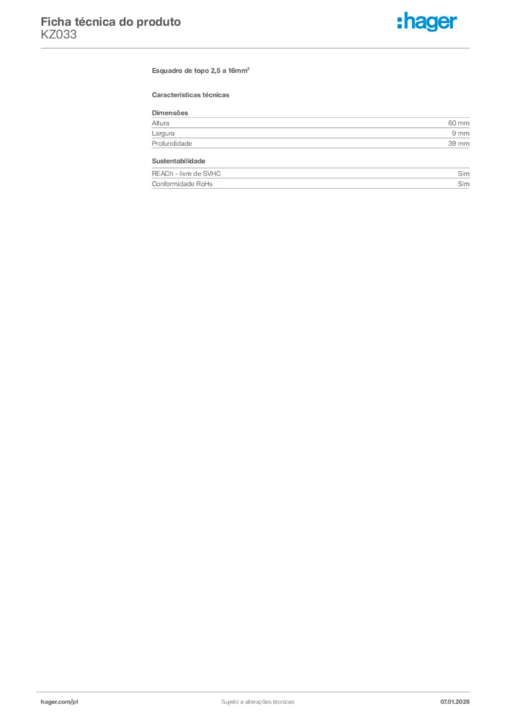 Imagem Hager Ficha técnica do produto KZ033 | Hager Portugal