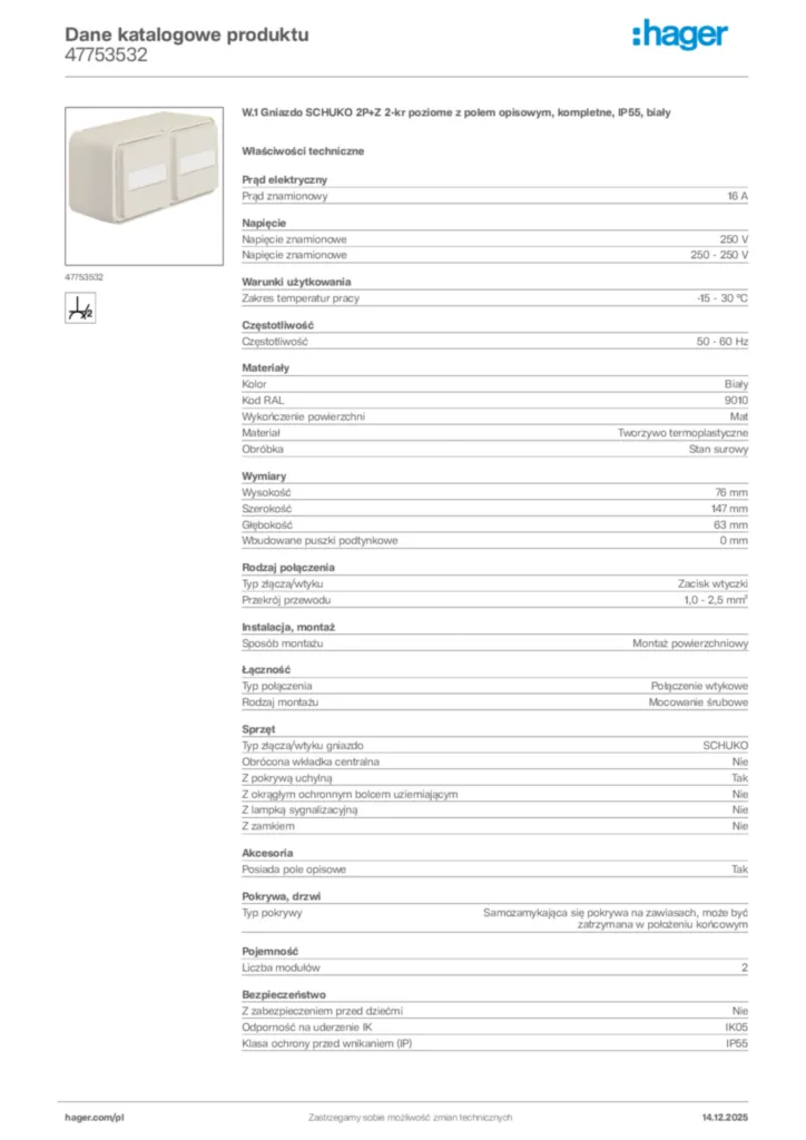 Zdjęcie Hager Karta katalogowa 47753532 | Hager Polska