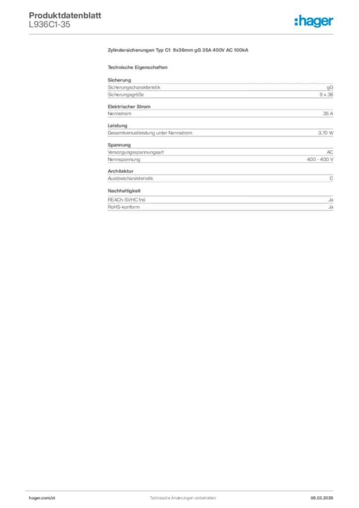 Bild Hager Produktdatenblatt L936C1-35 | Hager Deutschland
