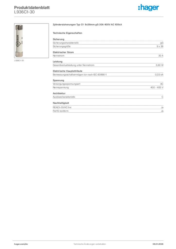 Bild Hager Produktdatenblatt L936C1-30 | Hager Deutschland
