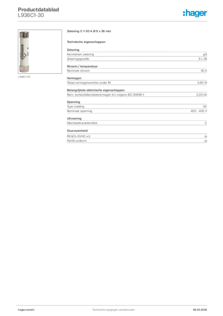 Afbeelding Hager Productdatablad L936C1-30 | Hager Nederland