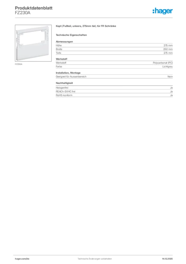 Bild Hager Produktdatenblatt FZ230A | Hager Deutschland