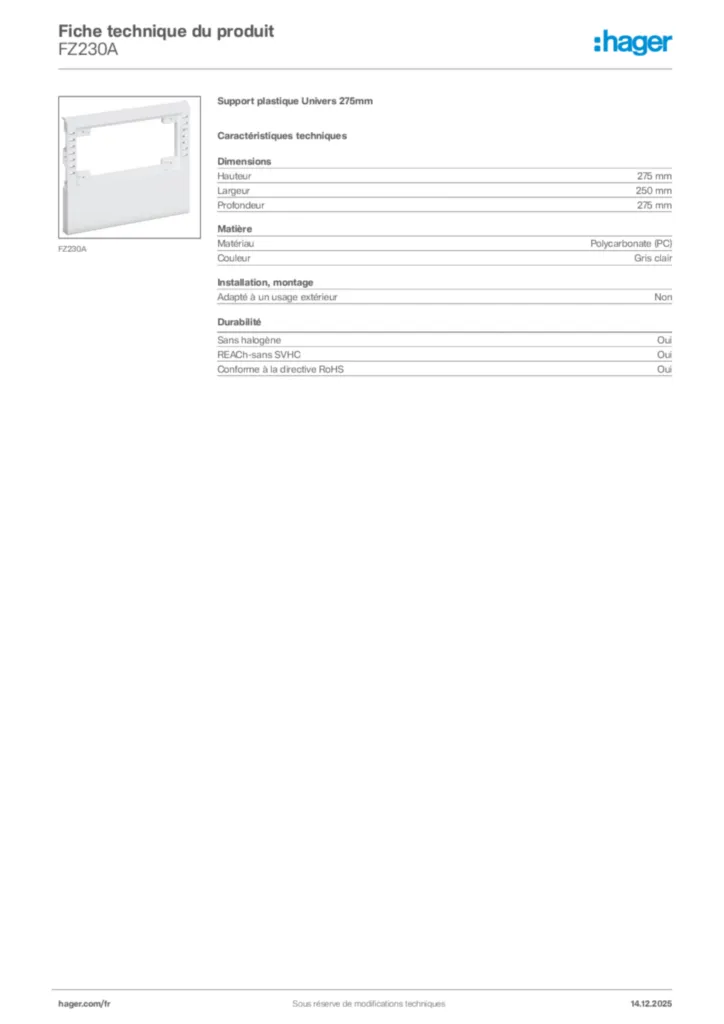 Image Hager Fiche technique du produit FZ230A | Hager France