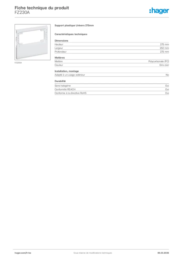 Image Hager Fiche technique du produit FZ230A | Hager Belgique