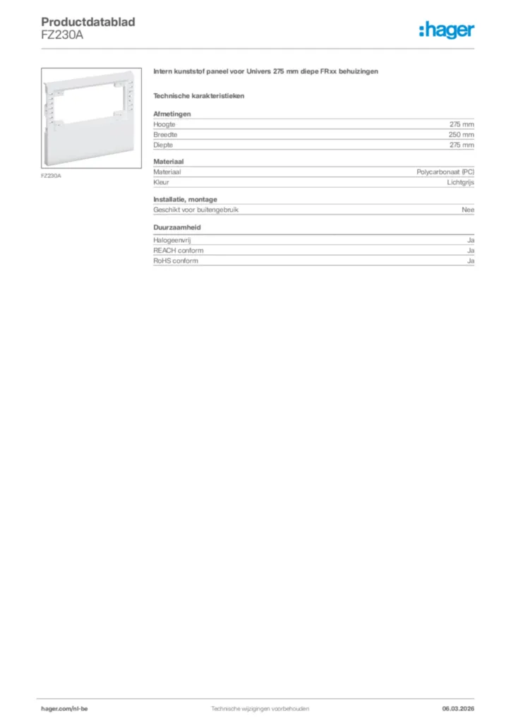 Afbeelding Hager Productdatablad FZ230A | Hager Belgium
