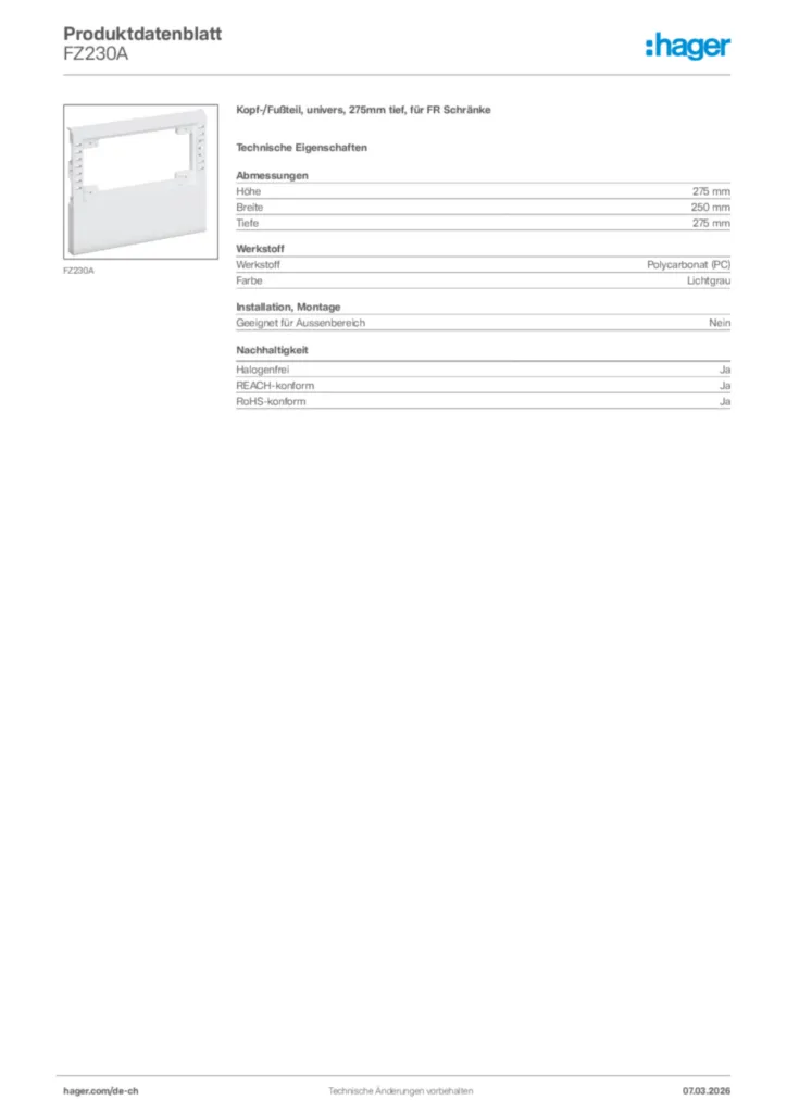Bild Hager Produktdatenblatt FZ230A | Hager Schweiz