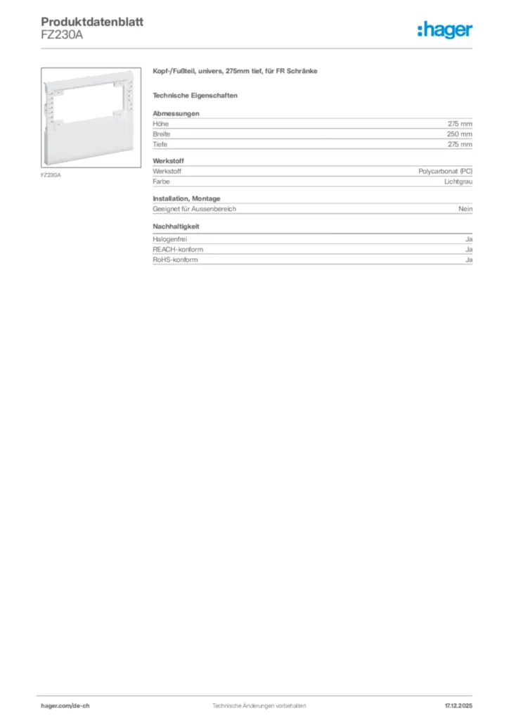 Bild Hager Produktdatenblatt FZ230A | Hager Schweiz