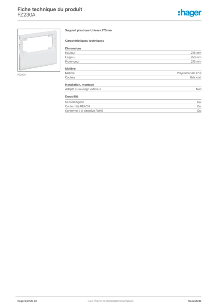Image Hager Fiche technique du produit FZ230A | Hager Suisse