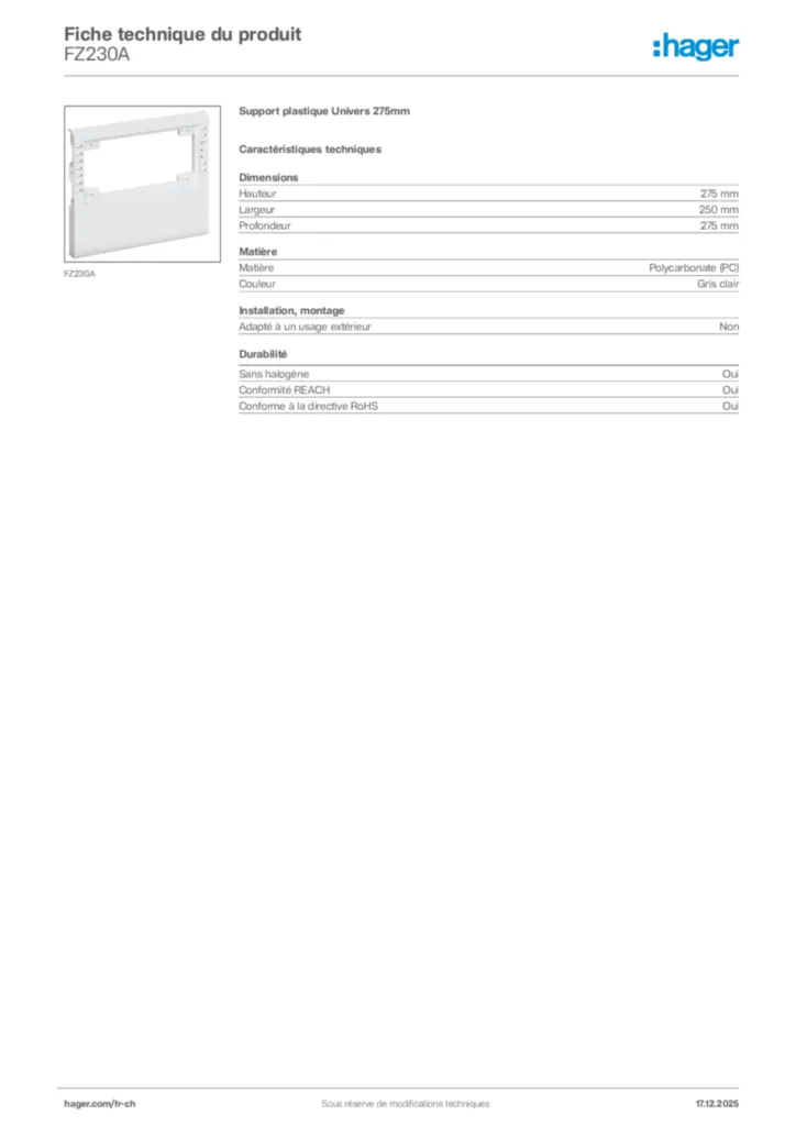 Image Hager Fiche technique du produit FZ230A | Hager Suisse