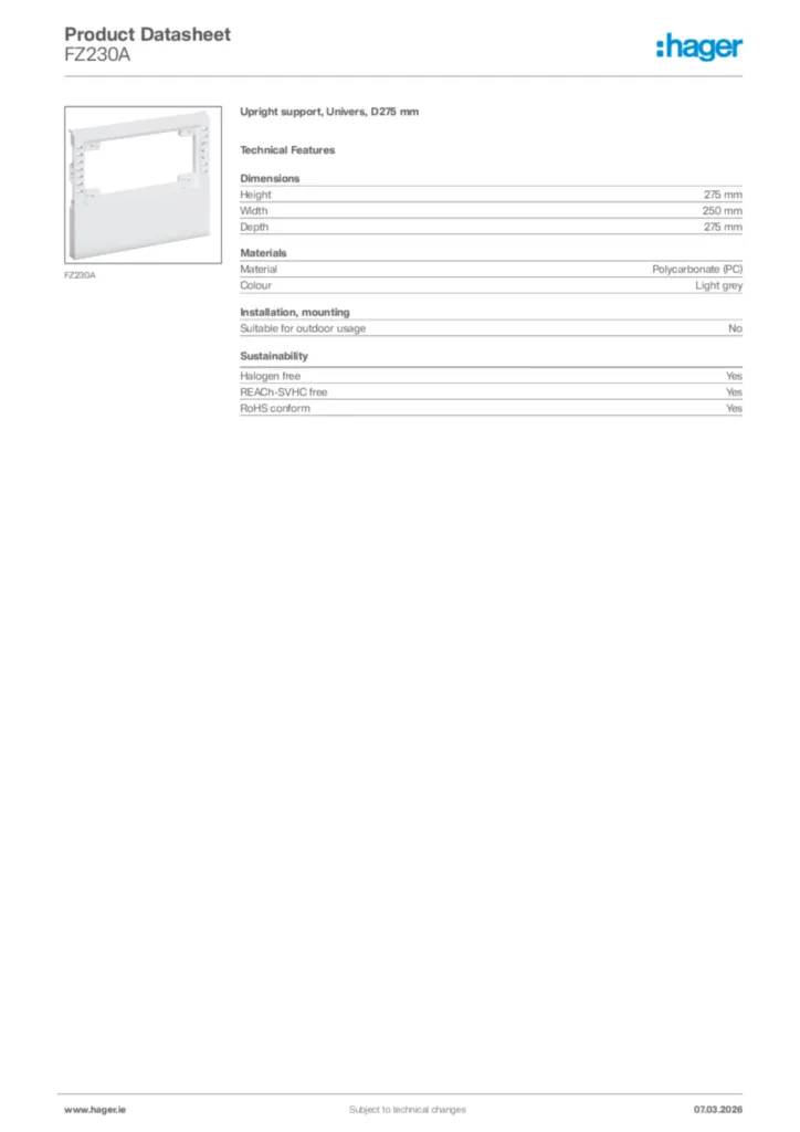 Image Hager Product data sheet FZ230A  | Hager