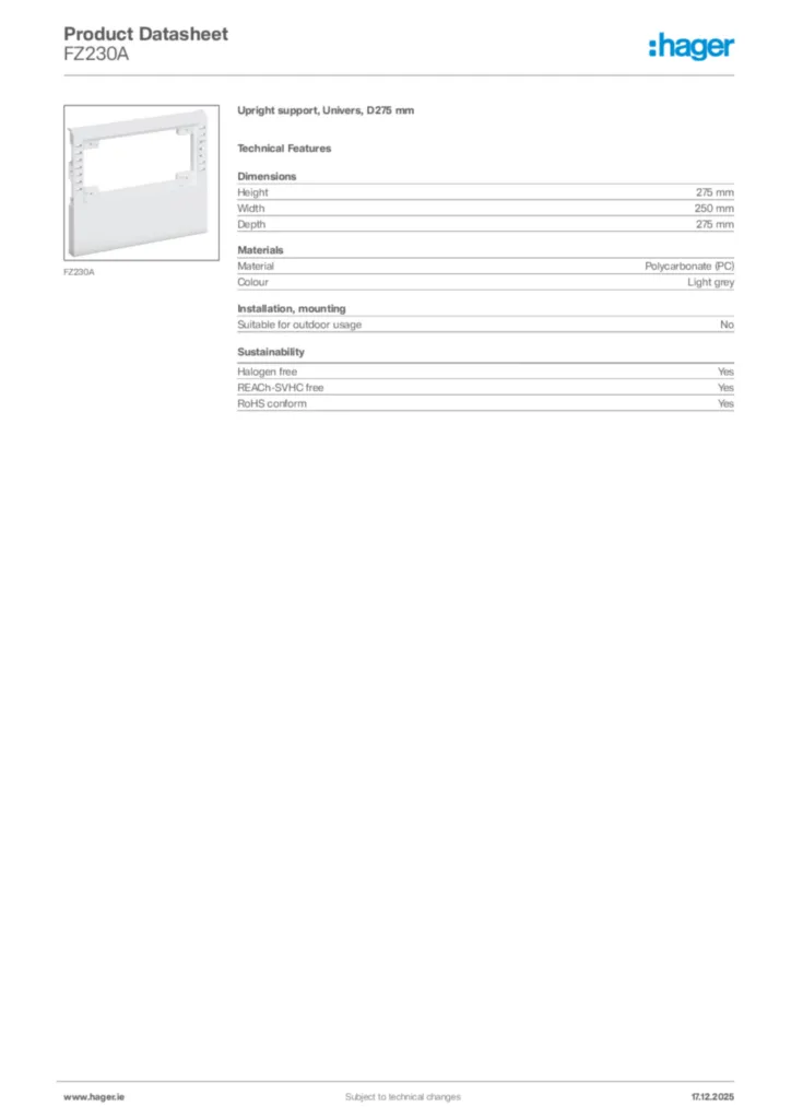 Image Hager Product data sheet FZ230A  | Hager