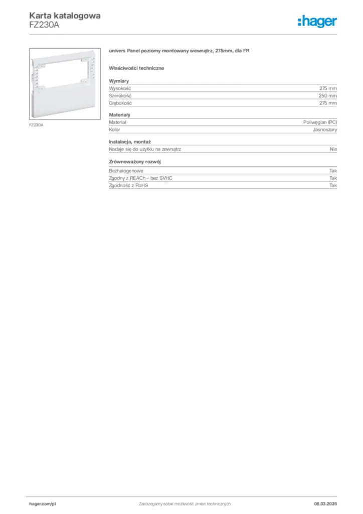 Zdjęcie Hager Karta katalogowa FZ230A | Hager Polska