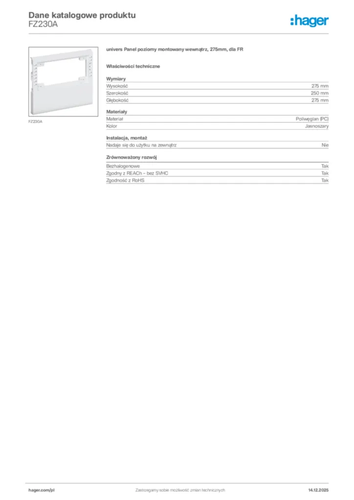 Zdjęcie Hager Karta katalogowa FZ230A | Hager Polska