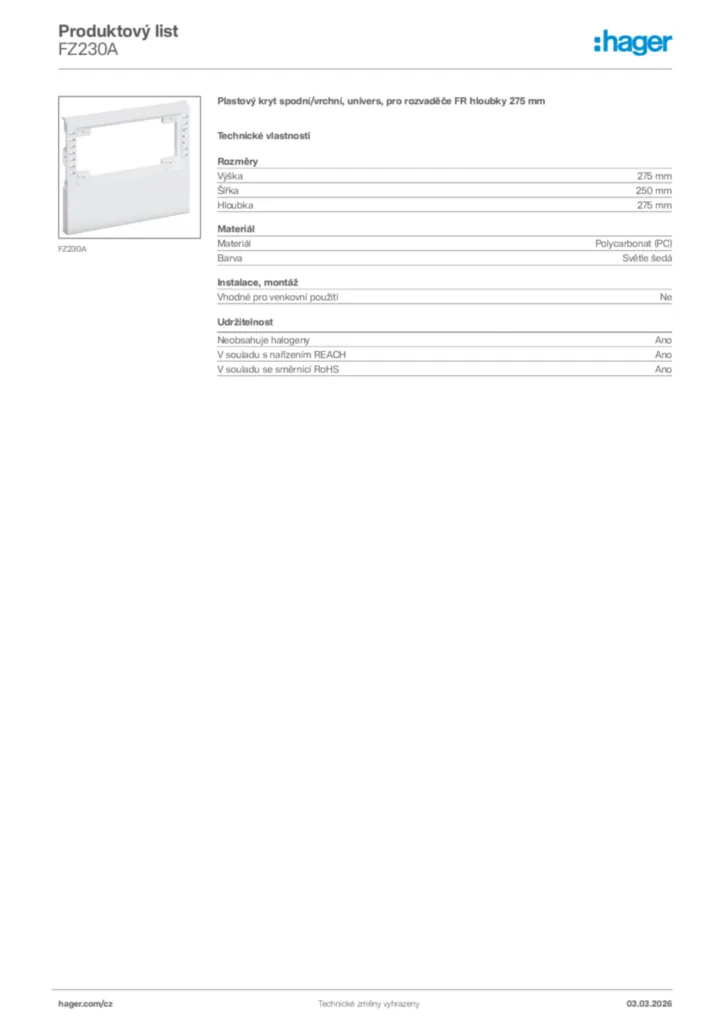 Obrázek Hager Product data sheet FZ230A | Hager