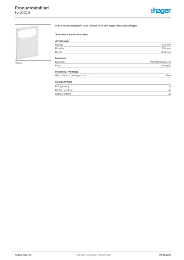 Afbeelding Hager Productdatablad FZ230B | Hager Belgium