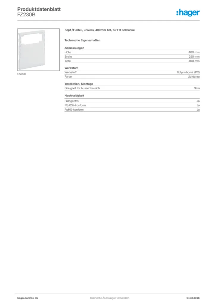 Bild Hager Produktdatenblatt FZ230B | Hager Schweiz