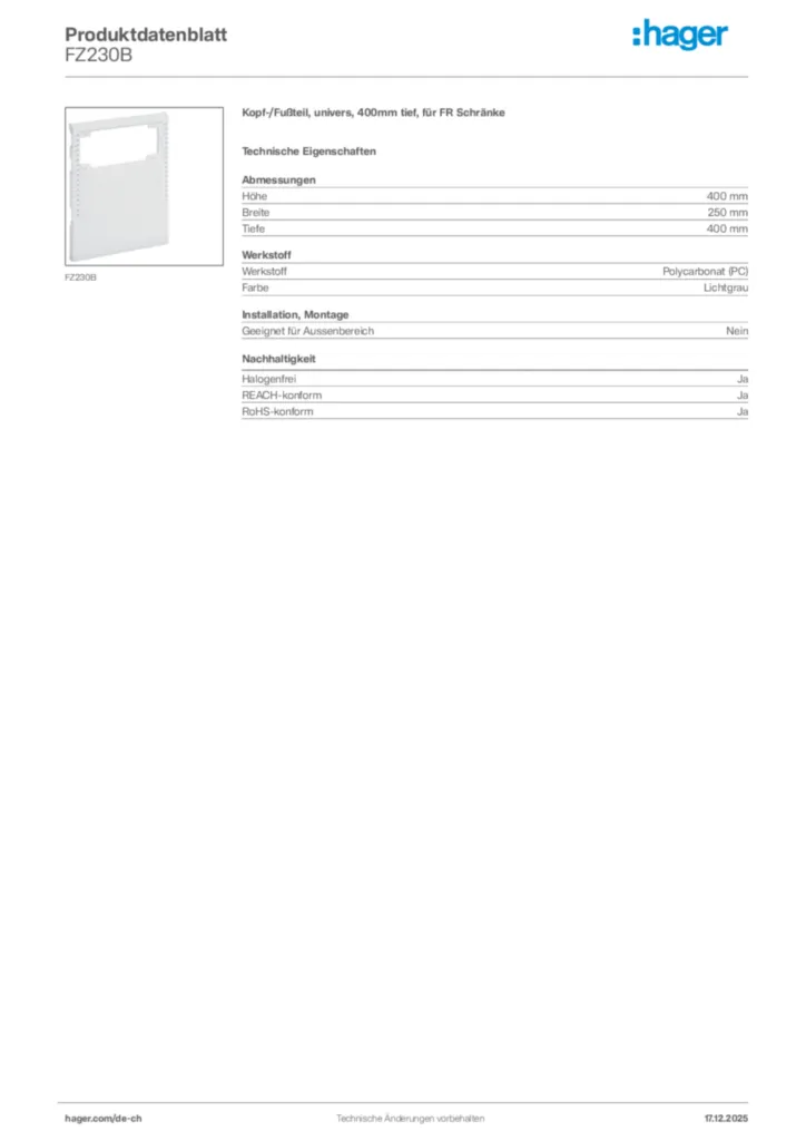 Bild Hager Produktdatenblatt FZ230B | Hager Schweiz