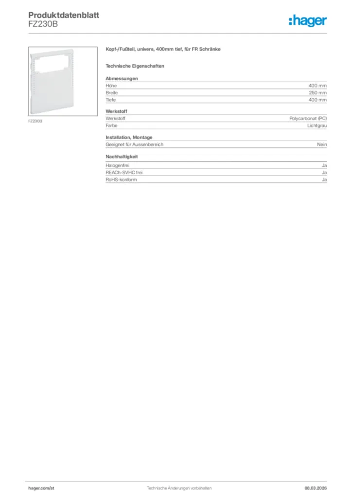 Bild Hager Produktdatenblatt FZ230B | Hager Deutschland