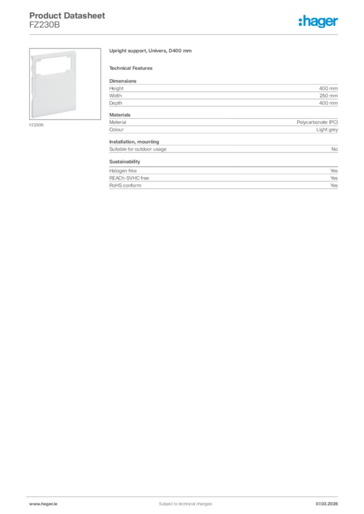 Image Hager Product data sheet FZ230B  | Hager