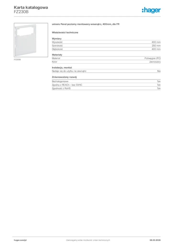 Zdjęcie Hager Karta katalogowa FZ230B | Hager Polska