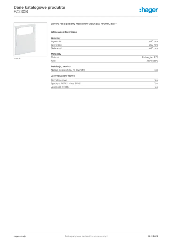 Zdjęcie Hager Karta katalogowa FZ230B | Hager Polska