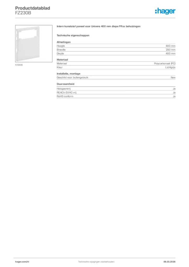 Afbeelding Hager Productdatablad FZ230B | Hager Nederland