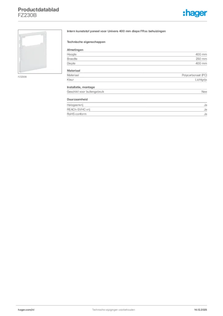 Afbeelding Hager Productdatablad FZ230B | Hager Nederland