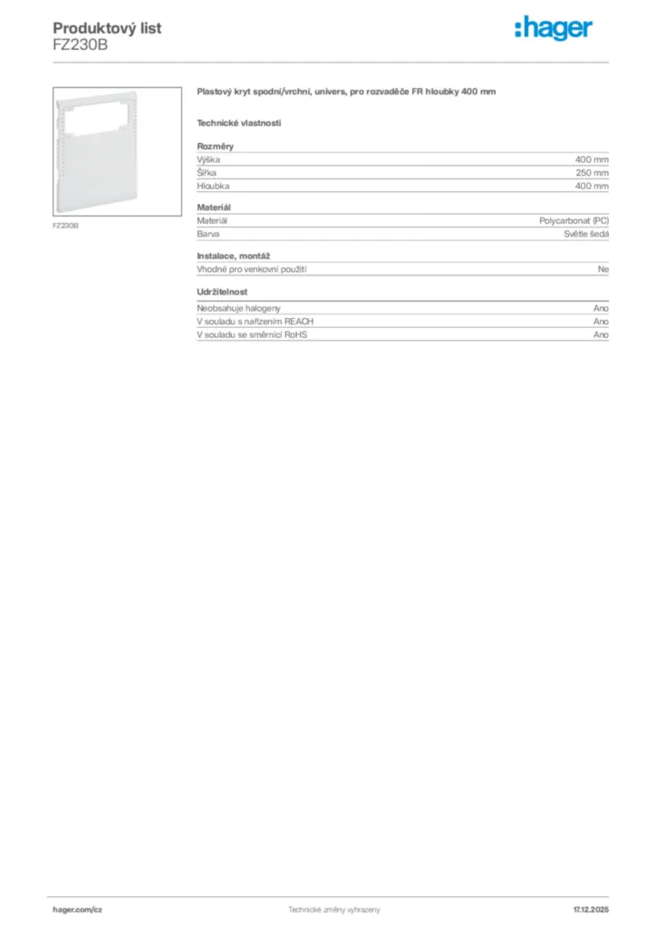 Obrázek Hager Produktový list FZ230B | Hager