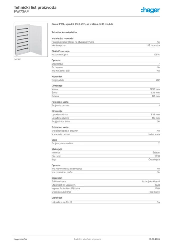 Slika Hager Tehnički list proizvoda FW736F  | Hager
