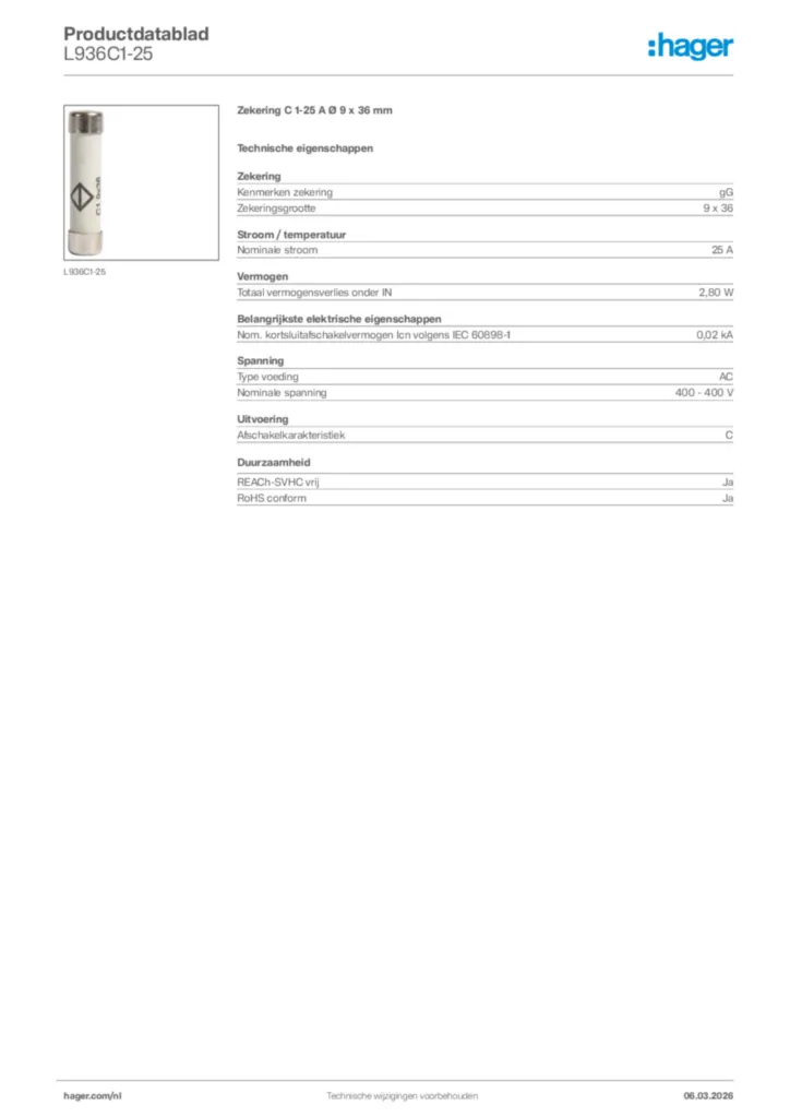 Afbeelding Hager Productdatablad L936C1-25 | Hager Nederland