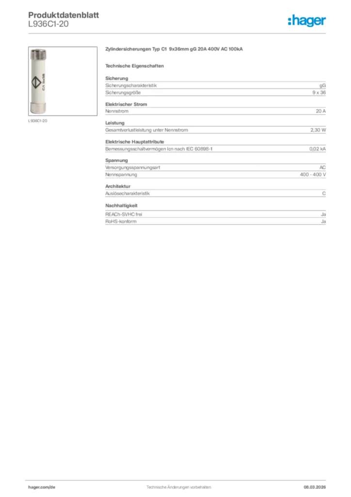 Bild Hager Produktdatenblatt L936C1-20 | Hager Deutschland
