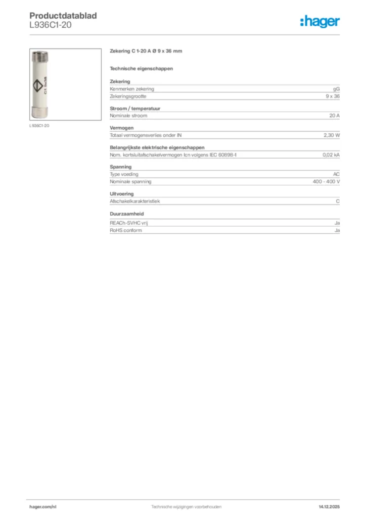 Afbeelding Hager Productdatablad L936C1-20 | Hager Nederland