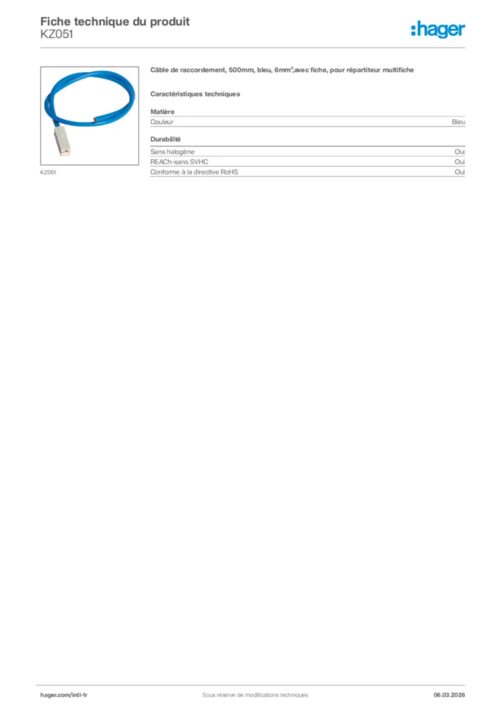 Image Hager Fiche technique du produit KZ051 | Hager Afrique