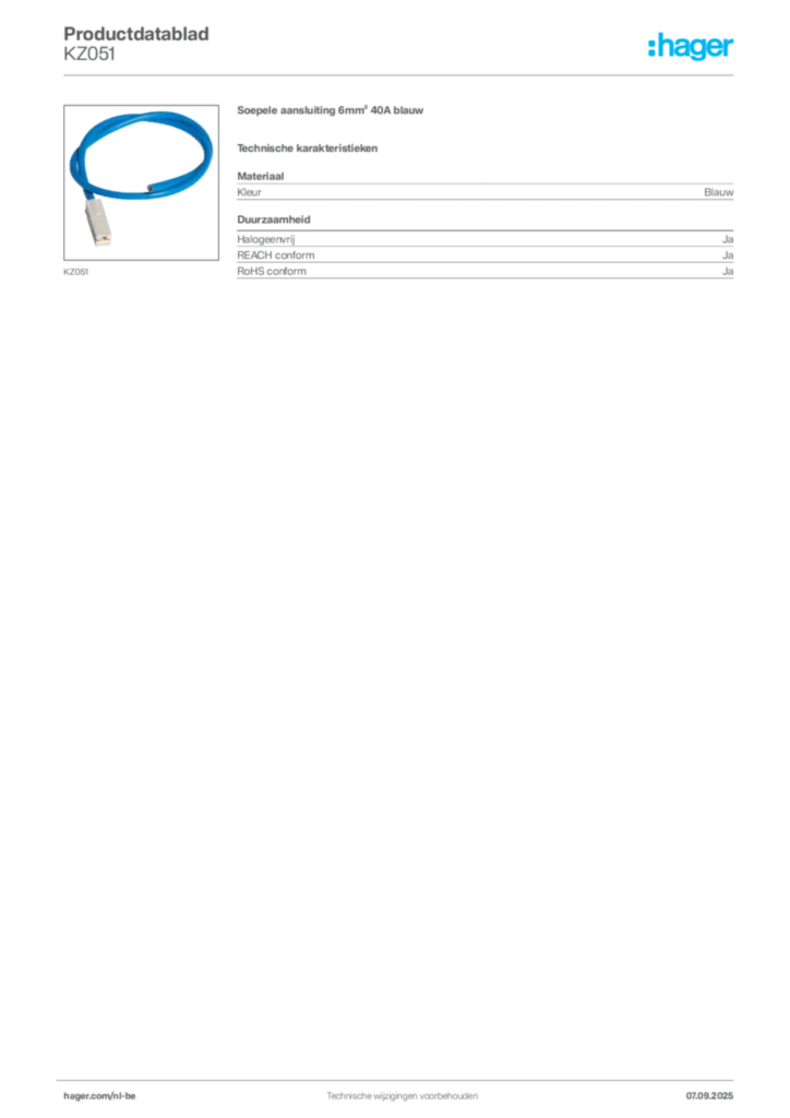 Afbeelding Hager Productdatablad KZ051 | Hager Belgium