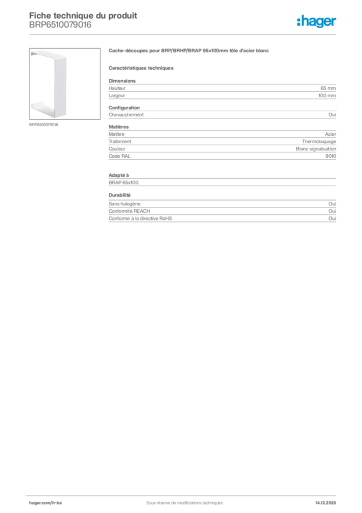 Image Hager Fiche technique du produit BRP6510079016 | Hager Belgique