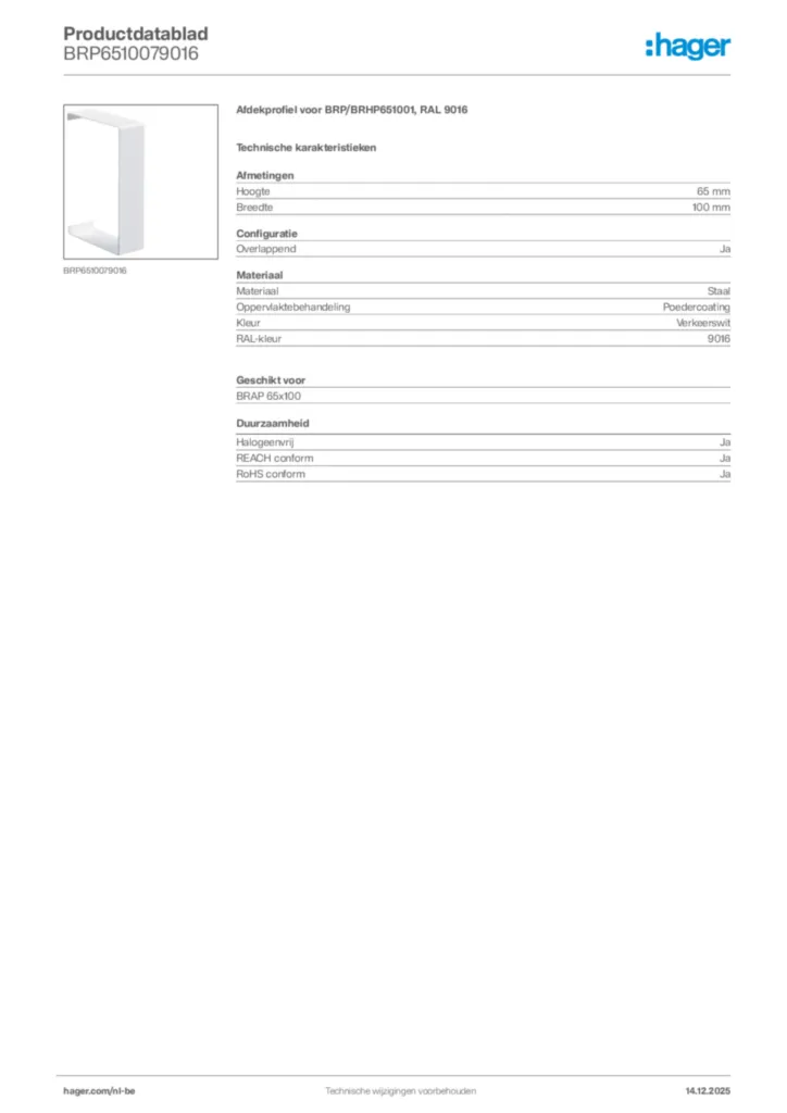 Afbeelding Hager Productdatablad BRP6510079016 | Hager Belgium