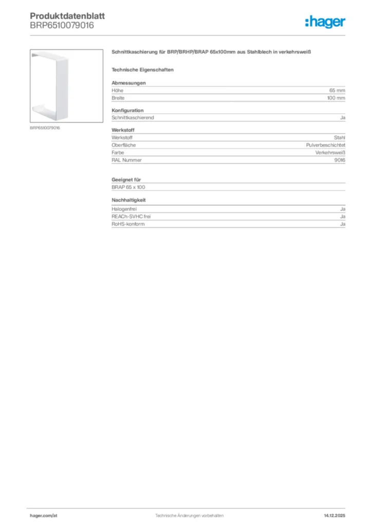 Bild Hager Produktdatenblatt BRP6510079016 | Hager Deutschland