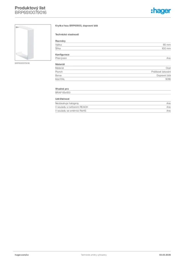 Obrázek Hager Product data sheet BRP6510079016 | Hager