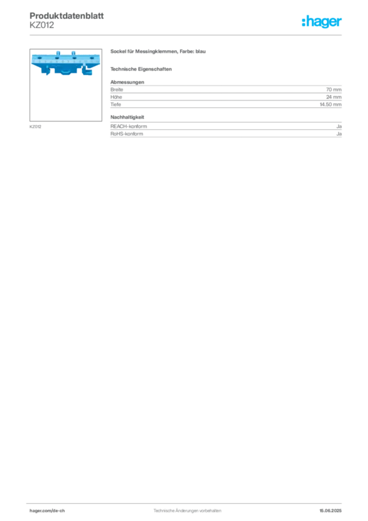 Bild Hager Produktdatenblatt KZ012 | Hager Schweiz