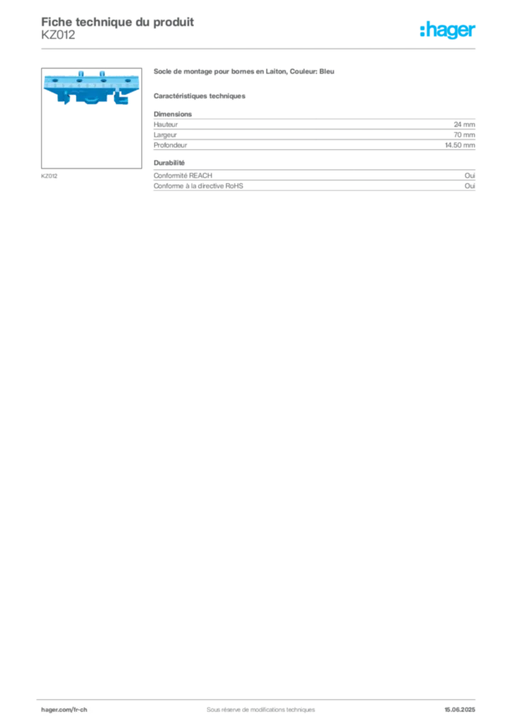 Image Hager Fiche technique du produit KZ012 | Hager Suisse