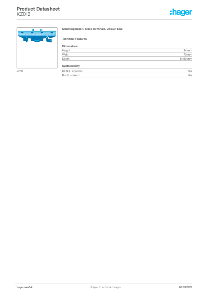 Image Hager Product data sheet KZ012  | Hager