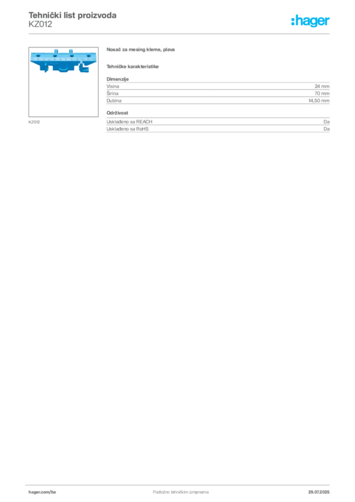 Slika Hager Product data sheet KZ012  | Hager