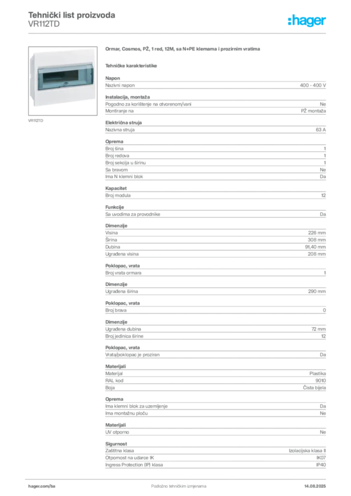 Slika Hager Product data sheet VR112TD  | Hager