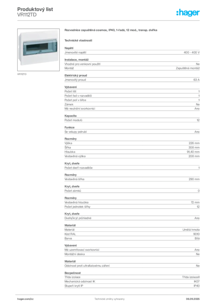 Obrázek Hager Produktový list VR112TD | Hager