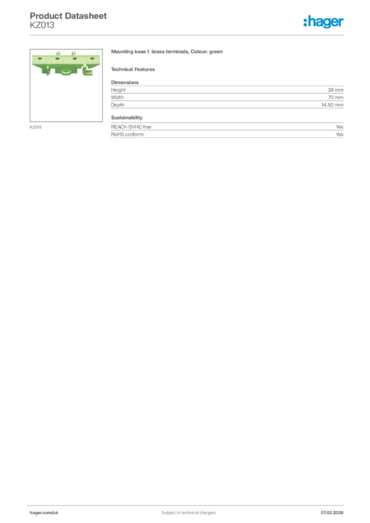 Image Hager Product data sheet KZ013  | Hager