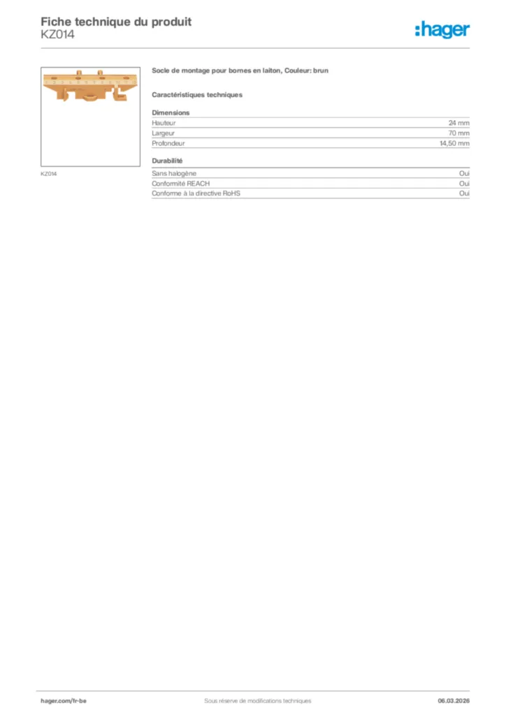 Image Hager Fiche technique du produit KZ014 | Hager Belgique