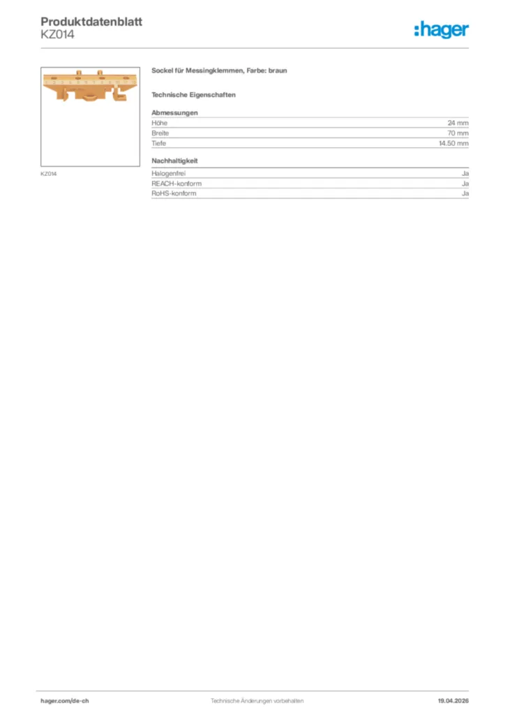Bild Hager Produktdatenblatt KZ014 | Hager Schweiz
