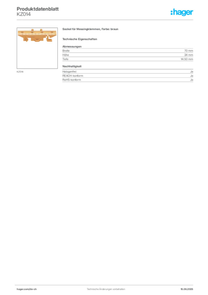 Bild Hager Produktdatenblatt KZ014 | Hager Schweiz